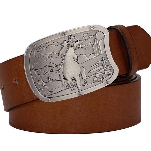 Brown Leather Belt with Western Buckle - Picture 1 of 3